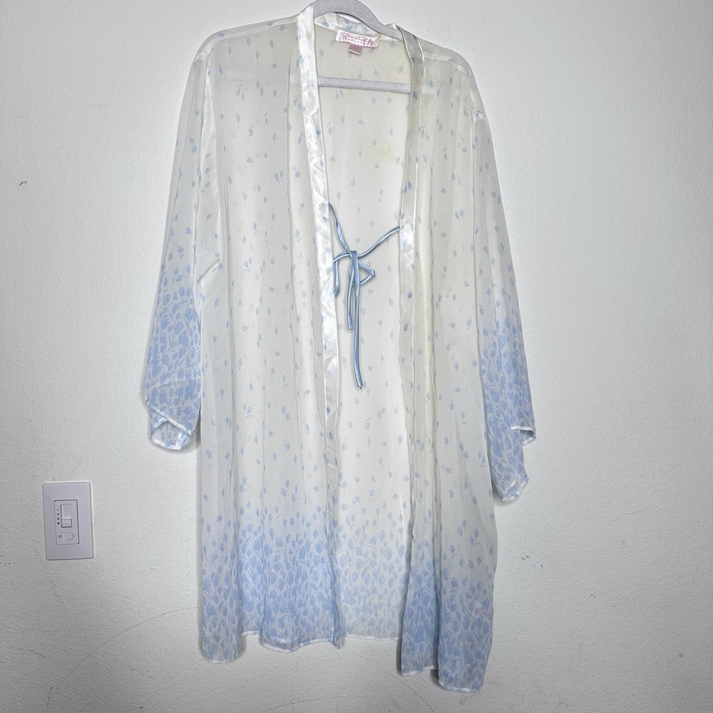Oscar de la Renta Pink Label White Blue Floral Sheer Pleated Peignoir‎ Robe L